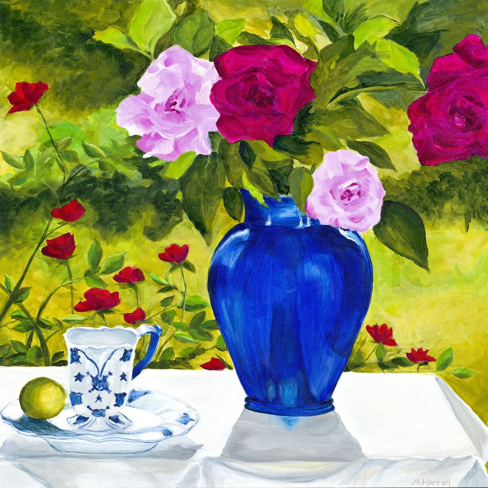 Blue Vase and Pink Roses